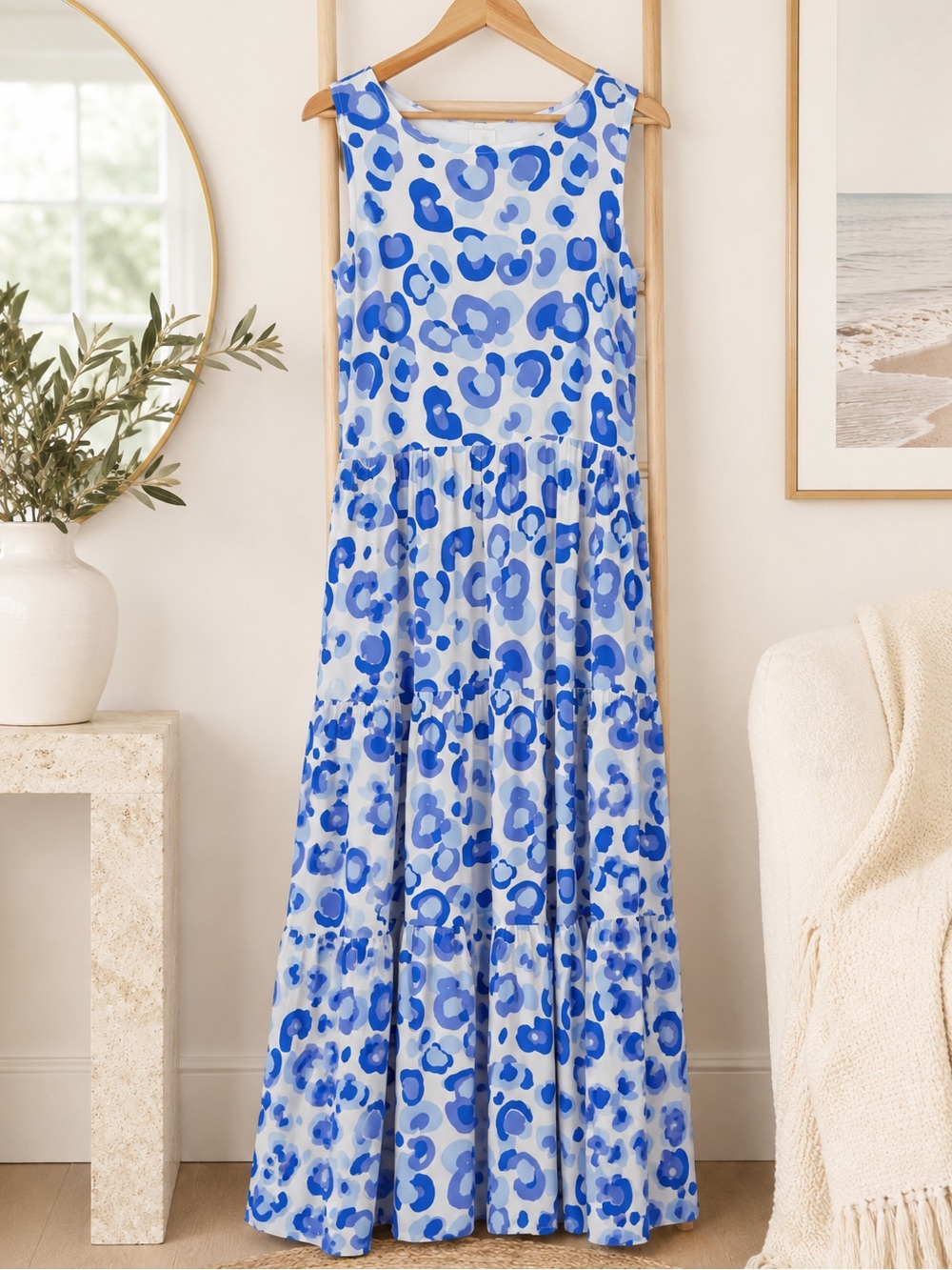 Cottagecore Tiered Blue Leopard Print Small Maxi Dress Viscose - Picture 2 of 10